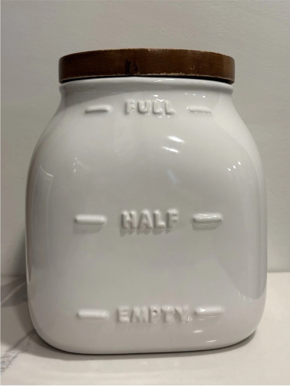 Williams Sonoma Large Ivory White Canister Wood Lid Ceramic ‘Empty Half Full’